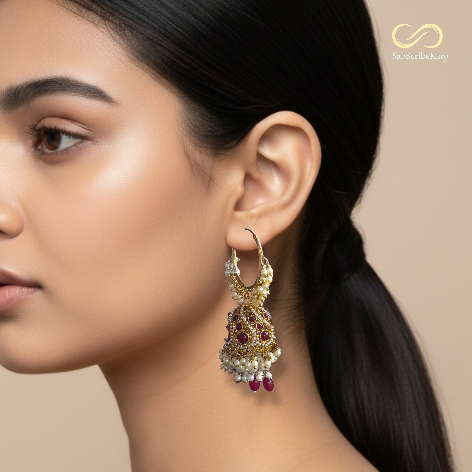 Heavily Beaded Ruby Pearl Jhumka Hoops - Image 2